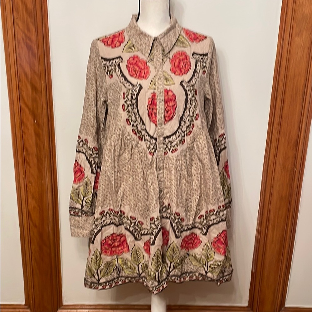 Free People Cream and Brown Cuffed Long Sleeve Shirt Dress